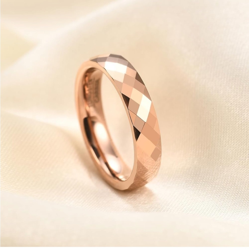 UNISEX - Rose Gold 4mm Tungsten Wedding Band ~ Mens Womens Faceted Bridal Band
